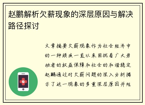 赵鹏解析欠薪现象的深层原因与解决路径探讨